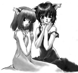 Rule 34 | 2girls, animal ears, artist request, breasts, cat ears, cat girl, cat tail, character request, copyright request, dress, hand on own face, hands on own chest, looking at viewer, monochrome, multiple girls, open mouth, short hair, sitting, sleeveless, sleeveless dress, small breasts, strap slip, tail