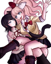 Rule 34 | 2girls, arm around shoulder, arm up, black footwear, black hair, black skirt, black socks, blue eyes, boots, bow, breasts, cleavage, collarbone, commentary, cross-laced footwear, crossed legs, danganronpa (series), danganronpa 3 (anime), enoshima junko, freckles, grey eyes, hair ornament, hand on another&#039;s hip, holding, ikusaba mukuro, incest, knee boots, kneehighs, ktokei (kurokku-tokei), lace-up boots, large breasts, long hair, long tongue, looking at another, miniskirt, multiple girls, nail polish, neck ribbon, necktie, official style, pleated skirt, red nails, ribbon, school uniform, short hair, siblings, sisters, sitting, sitting on lap, sitting on person, skirt, sleeves pushed up, smile, socks, tongue, tongue out, twincest, twins, twintails, yuri