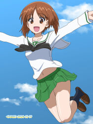 1girl blush brown_eyes brown_hair dated girls_und_panzer green_skirt highres jumping miniskirt naotosi navel nishizumi_miho ooarai_school_uniform open_mouth outdoors pleated_skirt school_uniform short_hair signature skirt sky smile solo