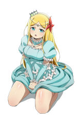 Rule 34 | 1girl, absurdres, blonde hair, blue dress, blue eyes, blush, breasts, collar, collarbone, detached sleeves, dress, flower, full body, hair flower, hair ornament, highres, kneeling, knees, lhofi, long hair, looking at viewer, medium breasts, open mouth, overlord (maruyama), parted bangs, puffy short sleeves, puffy sleeves, renner theiere chardelon ryle vaiself, shiny skin, short sleeves, simple background, solo, teeth, tiara, upper teeth only, white background