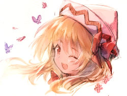 Rule 34 | 1girl, ;d, aecaevra, bad id, bad pixiv id, blonde hair, blush, bow, bug, butterfly, hair bow, hat, insect, lily white, long hair, looking at viewer, one eye closed, open mouth, portrait, red bow, red eyes, red neckwear, simple background, smile, solo, touhou, white background, white hat