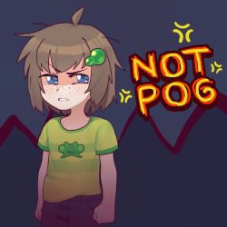 Rule 34 | 1girl, ahoge, black background, blue eyes, blue shorts, brown hair, child, clenched hand, clenched teeth, english text, freckles, green shirt, indie virtual youtuber, lily hopkins, messy hair, nose, official art, open mouth, pettankon, shirt, shorts, simple background, striped clothes, striped shirt, t-shirt, tagme, teeth, upper body, yellow shirt