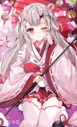 Rule 34 | 1girl, braid, closed mouth, finger to cheek, grey hair, highres, hinakisara, holding, holding umbrella, hololive, horns, japanese clothes, long hair, long sleeves, looking at viewer, multicolored hair, nakiri ayame, one eye closed, red eyes, red hair, red skirt, sidelocks, sitting, skin-covered horns, skirt, smile, solo, streaked hair, thighhighs, twitter username, umbrella, virtual youtuber, white thighhighs, wide sleeves