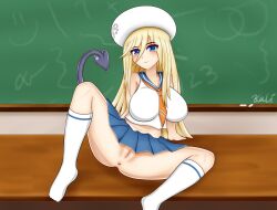 Rule 34 | 1girl, anus, blonde hair, blue eyes, breasts, censored, chalk, chalkboard, demon girl, demon tail, desk, hat, highres, large breasts, magical camp, mosaic censoring, natalie (magical camp), school desk, school uniform, sleeveless, socks, solo, tail, white hat