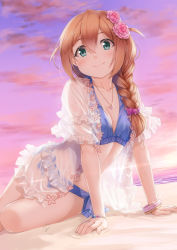 Rule 34 | 1girl, aqua eyes, arm support, baba konomi, beach, bikini, blue bikini, blush, braid, breasts, brown hair, cleavage, cloud, cloudy sky, collarbone, commentary request, dutch angle, evening, closed eyes, flower, frilled bikini, frilled sleeves, frills, glint, hair between eyes, hair flower, hair ornament, horizon, idolmaster, idolmaster million live!, idolmaster million live! theater days, jewelry, light rays, long hair, looking at viewer, medium breasts, miri (ago550421), navel, necklace, ocean, open clothes, open shirt, outdoors, pink flower, reclining, sand, see-through, shirt, short sleeves, signature, single braid, sky, solo, sunbeam, sunlight, sunset, swimsuit, tareme, two side up, white shirt