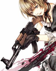 Rule 34 | 1girl, ak-47, assault rifle, blonde hair, blue eyes, gloves, gun, kalashnikov rifle, maid, original, rifle, short hair, solo, weapon, yuki hayabusa