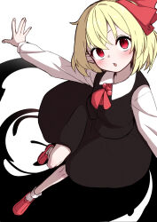 Rule 34 | + +, 1girl, :o, \||/, ascot, black skirt, black vest, blonde hair, blush, darkness, eyebrows hidden by hair, hair ribbon, highres, kameyan, looking at viewer, neck bobbles, open mouth, outstretched arms, red ascot, red eyes, red footwear, ribbon, rumia, shirt, shoes, short hair, simple background, skirt, solo, standing, standing on one leg, touhou, umbrakinesis, vest, white background, white shirt