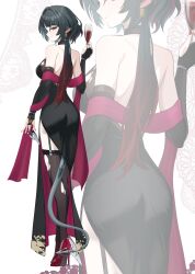 1girl ass back bare_shoulders black_dress black_hair black_thighhighs breasts commentary cup dress drinking_glass from_behind full_body high_heels highres holding holding_cup holding_weapon inapple jane_doe_(zenless_zone_zero) large_breasts long_hair mouse_girl mouse_tail multicolored_hair red_hair solo tail thighhighs torn_clothes torn_thighhighs two-tone_hair weapon white_background wine_glass zenless_zone_zero zoom_layer