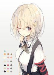 Rule 34 | 1girl, asymmetrical clothes, black skirt, blonde hair, blush, closed mouth, copyright request, grey background, hair between eyes, hair ornament, high-waist skirt, highres, kojiki-life, looking at viewer, one eye closed, purple eyes, shirt, short hair, short sleeves, simple background, skirt, solo, star (symbol), star hair ornament, suspender skirt, suspenders, upper body, white shirt