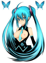 Rule 34 | 1girl, aqua eyes, aqua hair, bad id, bad pixiv id, bare shoulders, between breasts, blue eyes, blue hair, breastless clothes, breasts, bug, butterfly, daive, hatsune miku, highres, bug, long hair, matching hair/eyes, necktie, nipples, solo, twintails, vocaloid