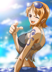 Rule 34 | 1girl, back, bare arms, bare shoulders, bikini, bikini top only, black bikini, black eyes, breasts, cloud, denim, dimples of venus, eyewear on head, happy, index finger raised, jeans, large breasts, looking at viewer, nami (one piece), ocean, one eye closed, one piece, open mouth, orange hair, pants, pirate, pointing, see-through, short hair, sideboob, sky, sleeveless, smile, solo, standing, sun, sunglasses, sunlight, swimsuit, tattoo, upper body, water, wink