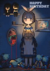 Rule 34 | 1girl, birthday cake, blue bow, blue eyes, blue footwear, blue hair, blunt bangs, bow, cake, candle, closed mouth, commentary, doll, dress, expressionless, fire, food, frilled dress, frills, full body, hairband, happy birthday, highres, holding, holding cake, holding food, indoors, long sleeves, looking at viewer, nnn yu, original, picture frame, ribbon, shelf, short hair, sleeves past fingers, sleeves past wrists, solo, standing, thread, unnamed girl (x0o0x), white dress, white hairband, white ribbon