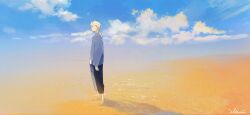 Rule 34 | 1boy, artist name, barefoot, black pants, brown eyes, closed mouth, cloud, day, from side, full body, hair between eyes, highres, illumi999, looking ahead, male focus, original, outdoors, pants, sand, shadow, short hair, signature, sky, solo, standing, water, white hair