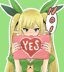 Rule 34 | 1girl, blonde hair, blush, breasts, cleavage, cleavage cutout, clothing cutout, elf, green background, green eyes, hair ribbon, heart, hiroshima mikan, holding, holding pillow, large breasts, long hair, looking at viewer, open mouth, pillow, pointy ears, ribbon, sennen sensou aigis, simple background, solo, speech bubble, spica (sennen sensou aigis), twintails, upper body, very long hair