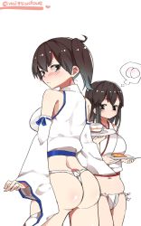 Rule 34 | 10s, 2girls, adapted costume, akagi (kancolle), alternate costume, arms at sides, ass, asymmetrical hair, bad id, bad twitter id, blush, brown eyes, brown hair, detached sleeves, embarrassed, from behind, fundoshi, highres, inactive account, japanese clothes, kaga (kancolle), kantai collection, long hair, looking at viewer, looking back, mitsudoue, multiple girls, nontraditional miko, ribbon-trimmed sleeves, ribbon trim, shirt, short hair, side ponytail, simple background, sleeveless, sleeveless shirt