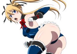 Rule 34 | 1girl, artist request, ass, bare shoulders, blonde hair, blue eyes, bodysuit, bow, breasts, dead or alive, dead or alive 5, detached sleeves, female focus, frills, gloves, hair ribbon, leotard, long hair, marie rose, open mouth, ribbon, simple background, solo, thighhighs, twintails