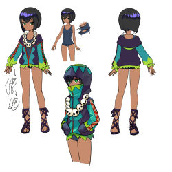 Rule 34 | 1girl, black hair, blue one-piece swimsuit, bob cut, character sheet, collarbone, covered mouth, dark skin, facing away, gender request, genderswap, gladiator sandals, green eyes, high collar, highres, hood, hoodie, jewelry, journey to the west, necklace, one-piece swimsuit, otosama, sandals, school swimsuit, sha wujing, short hair, simple background, skull necklace, swimsuit, tied sleeves