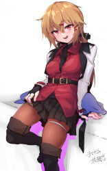 Rule 34 | 1girl, absurdres, belt, black belt, black footwear, black skirt, boots, brown eyes, brown hair, brown pantyhose, cheese (cheese koubou), collared shirt, hair between eyes, hair ornament, hairclip, highres, jacket, kantai collection, knee boots, long hair, open clothes, open jacket, open mouth, pantyhose, pleated skirt, red shirt, shirt, skirt, smile, solo, tashkent (kancolle), untucked shirt, white jacket