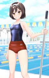 Rule 34 | 1girl, absurdres, black hair, black one-piece swimsuit, blue sky, buruma, cameltoe, cloud, commentary request, competition school swimsuit, cowboy shot, day, fantia commission, feet out of frame, grin, hairband, highres, kantai collection, lane line, looking at viewer, mop, one-piece swimsuit, outdoors, pool, red buruma, school swimsuit, short hair, sky, smile, solo, string of flags, swimsuit, swimsuit under clothes, takafumi, tanikaze (kancolle), white hairband, yellow eyes