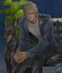 Rule 34 | 1boy, alternate costume, black pants, blazer, blue jacket, chair, chinese commentary, closed mouth, commentary request, dated commentary, doberman, dog, feet out of frame, green hair, hair between eyes, hair over one eye, hizamaru (touken ranbu), jacket, leaning forward, long sleeves, looking to the side, male focus, own hands together, pants, plant, short hair, signature, sitting, smile, solo, sweater, touken ranbu, white sweater, yellow eyes, zi tsas