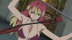 Rule 34 | 1girl, animated, animated gif, ao no exorcist, bikini, bikini top only, blue hair, bouncing breasts, breasts, fighting, kirigakure shura, large breasts, long hair, lowres, multicolored hair, okumura rin, ponytail, short hair, standing, swimsuit, sword, tattoo, weapon