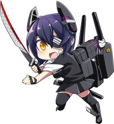 Rule 34 | 10s, 1girl, caffein, chibi, eyepatch, fingerless gloves, gloves, headgear, kantai collection, looking at viewer, machinery, open mouth, personification, purple hair, short hair, solo, sword, tenryuu (kancolle), thighhighs, turret, weapon, yellow eyes