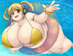 Rule 34 | 1girl, belly, bikini, blonde hair, blush, breasts, cleavage, fat, female focus, gigantic breasts, headphones, kurokaze no sora, nitroplus, obese, open mouth, red eyes, short hair, short twintails, smile, solo, super pochaco, swimsuit, thick thighs, thighs, twintails, wide hips