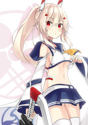 Rule 34 | 1girl, absurdres, ayanami (azur lane), azur lane, bad id, bad twitter id, blue sailor collar, blue skirt, blush, breasts, clothing cutout, collar, cowboy shot, crop top, floating hair, hair between eyes, hair ornament, hairclip, highres, holding, holding weapon, long hair, long sleeves, looking at viewer, miniskirt, navel, pleated skirt, ponytail, red eyes, sailor collar, senx, shoulder cutout, sideboob, silver hair, skirt, small breasts, solo, standing, thighhighs, underboob, weapon, white background, white sleeves, white thighhighs, yellow neckwear, zettai ryouiki