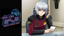 Rule 34 | 1boy, blue eyes, gundam, gundam seed, headphones, holding, holding headphones, holding paper, jacket, looking at viewer, male focus, microphone, official art, paper, recording studio, red jacket, smile, solo, white hair, yzak joule