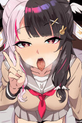 Rule 34 | 1girl, black hair, blush, breasts, commentary request, commission, eyeshadow, from above, hair ornament, hair ribbon, heart, heart-shaped pupils, heavy breathing, highres, large breasts, long hair, looking at viewer, makeup, multicolored hair, nijisanji, official alternate costume, on bed, open mouth, paid reward available, pink eyeshadow, pink hair, pleated skirt, rabbit hair ornament, red eyes, ribbon, school uniform, sexually suggestive, skeb commission, skirt, solo, split-color hair, streaked hair, symbol-shaped pupils, tamaki (tamakikan), tongue, tongue out, two-tone hair, v, virtual youtuber, white hair, x hair ornament, yorumi rena, yorumi rena (9th costume)