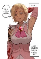 Rule 34 | 1girl, absurdres, arm behind head, arm tattoo, armpits, bare shoulders, blonde hair, blood, hh (hehexd06161704), highres, scar, scar across eye, short hair, simple background, smile, solo, speech bubble, tattoo, upper body, white background