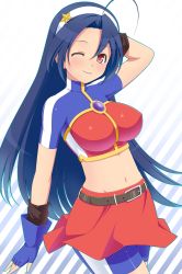 Rule 34 | 1girl, ahoge, asamiya athena, asamiya athena (cosplay), belt, bike shorts, blue hair, breasts, cosplay, covered erect nipples, fingerless gloves, gloves, hair ornament, hairband, idolmaster, idolmaster (classic), large breasts, long hair, midriff, miura azusa, navel, red eyes, shougi (116), skirt, smile, solo, star (symbol), star hair ornament, the king of fighters, the king of fighters 2002