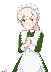 Rule 34 | 1girl, absurdres, apron, blonde hair, blue eyes, blunt bangs, dress, frilled apron, frills, green dress, hands on own chest, highres, kantai collection, long hair, looking at viewer, maid, maid headdress, official alternate costume, one-hour drawing challenge, robinson (day l full), shin&#039;you (maid) (kancolle), side ponytail, simple background, solo, twitter username, white apron, white background