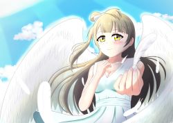 Rule 34 | 1girl, absurdres, angel wings, artist name, artist request, blue sky, blush, bow, breasts, brown eyes, brown hair, clenched hand, cloud, day, dress, feathers, female focus, floating hair, grey hair, hair rings, half-closed eyes, highres, holding, holding feather, light brown hair, long hair, looking at viewer, love live!, love live! school idol project, minami kotori, miniskirt, nail, nail polish, outdoors, parted lips, pink nails, pink nails, plaid, plaid dress, plaid skirt, pleated, pleated dress, pleated skirt, ponytail, side ponytail, skirt, sky, smile, solo, sundress, white bow, white dress, white feathers, white skirt, white wings, wings, yellow eyes