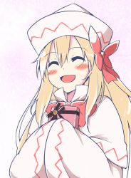 Rule 34 | 1girl, blonde hair, bow, box, capelet, dress, closed eyes, gift, gift box, hair bow, hands in opposite sleeves, hat, lily white, long hair, long sleeves, open mouth, smile, solo, touhou, upper body, very long hair, white day, white dress, wide sleeves, yutamaro