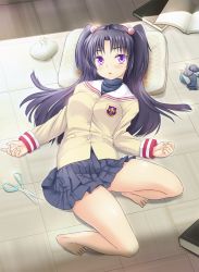 Rule 34 | 00s, 1girl, barefoot, blue hair, book, clannad, feet, hair bobbles, hair ornament, highres, ichinose kotomi, lying, on back, open mouth, pillow, pouch, purple eyes, school uniform, scissors, shirota mizuki, thighs, toes, two side up