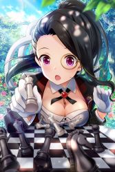 Rule 34 | 1girl, alternative girls, bishop (chess), black jacket, blush, board game, breasts, brown hair, butler, chess, chess piece, cleavage, dappled sunlight, day, detached collar, female butler, flower, gem, gloves, high ponytail, highres, jacket, king (chess), knight (chess), leaf, long hair, long sleeves, looking at viewer, medium breasts, monocle, official art, open clothes, open jacket, open mouth, outdoors, pawn (chess), pawn (chess), pink flower, pink rose, purple eyes, queen (chess), red flower, red rose, rose, saionji rei, solo, solo focus, sunlight, white gloves