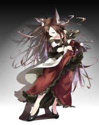 Rule 34 | 1girl, animal ears, black footwear, brown hair, clothes lift, dress, dress lift, full body, gorilla (bun0615), gradient background, high heels, highres, imaizumi kagerou, lifted by self, long hair, looking at viewer, off-shoulder dress, off shoulder, red dress, red eyes, solo, standing, touhou, two-tone dress, white dress, wolf ears, wolf girl