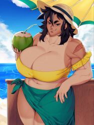 1girl arm_rest artist_name aspara_(swagkashiart) beach beach_umbrella black_eyes black_hair blue_sky breasts cleavage closed_mouth cloud coconut_cup commentary_request cowboy_shot curvy day dragon_ball drink drinking_straw hat highres holding holding_drink huge_breasts looking_at_viewer medium_hair muscular muscular_female navel ocean off_shoulder original plump portuguese_commentary saiyan scar scar_on_shoulder shirt sideboob sky smile solo straw_hat sun_hat swagkashiart sweat tan tanline thick_thighs thighs umbrella water yellow_shirt