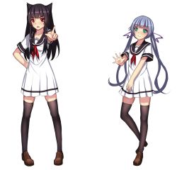 Rule 34 | 1girl, 2girls, :o, animal ears, black sailor collar, black thighhighs, blue hair, brown footwear, brown hair, cat ears, commentary request, dress, green eyes, hair ribbon, hand on own hip, highres, loafers, long hair, looking at viewer, low twintails, multiple girls, musyne xsk, neckerchief, open mouth, original, purple ribbon, red eyes, red neckerchief, ribbon, sailor collar, sailor dress, shoes, short dress, short sleeves, sky, smile, star (sky), starry sky, thighhighs, twintails, very long hair, white dress, zettai ryouiki