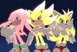 Rule 34 | 3boys, artist name, chronocrump, frown, gloves, highres, knuckles the echidna, looking at viewer, male focus, multicolored fur, multiple boys, night, night sky, pointy nose, red fur, shoes, sky, smirk, sonic (series), sonic the hedgehog, spiked hair, star (sky), starry sky, super knuckles, super sonic, super tails, tails (sonic), topless male, twitter username, white fur, yellow fur