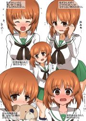 Rule 34 | 1girl, absurdres, bandages, black legwear, black neckerchief, blouse, blush, boko (girls und panzer), brown eyes, brown hair, closed eyes, closed mouth, commentary, covering own mouth, embarrassed, flying sweatdrops, frown, full-face blush, girls und panzer, green skirt, hands in hair, highres, holding, holding stuffed toy, leaning forward, long sleeves, looking at viewer, looking back, miniskirt, multiple views, neckerchief, nishizumi miho, ooarai school uniform, open mouth, pleated skirt, school uniform, serafuku, shirt, short hair, simple background, skirt, socks, standing, stuffed animal, stuffed toy, sweatdrop, teddy bear, translated, white background, white shirt, yogurt bakudan