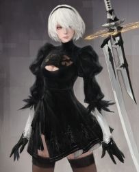 Rule 34 | 1girl, absurdres, black dress, black hairband, blue eyes, cleavage cutout, clothing cutout, dress, eyelashes, feather-trimmed sleeves, feather trim, floating, floating object, floating weapon, gloves, hairband, highres, juliet sleeves, katana, lips, long sleeves, mole, mole under mouth, nier (series), nier:automata, no blindfold, puffy sleeves, short hair, solo, sword, thighhighs, vambraces, virtuous treaty, wave 61, weapon, white hair, 2b (nier:automata)