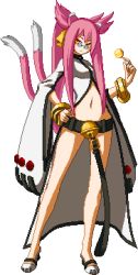 Rule 34 | 1girl, animal ears, bell, belt, blazblue, bracelet, breasts, candy, capelet, cat ears, cat tail, food, glasses, jewelry, jingle bell, kokonoe (blazblue), lollipop, long hair, lowres, multiple tails, navel, no panties, no pants, pannonique, pink hair, pixel art, ribbon, small breasts, solo, tail, two tails, yellow eyes, yellow ribbon