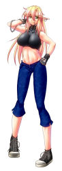 Rule 34 | 1girl, alternate costume, alternate hairstyle, bad id, bad pixiv id, blonde hair, breasts, chain, cigarette, collar, contemporary, denim, earrings, female focus, fingerless gloves, gloves, green eyes, huge breasts, impossible clothes, impossible shirt, jeans, jewelry, long hair, midriff, mizuhashi parsee, navel, no socks, aged up, ootsuki wataru, pants, pointy ears, shirt, shoes, single earring, sneakers, solo, strapless, touhou, tube top