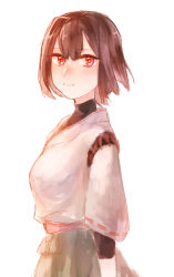 Rule 34 | 10s, bad id, bad pixiv id, blush, brown eyes, brown hair, highres, hyuuga (kancolle), kantai collection, looking at viewer, red eyes, short hair, simple background, smile, solo, tamawo (mu gi2), white background