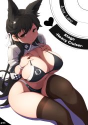 1girl animal_ears atago_(azur_lane) atago_(stunning_speedster)_(azur_lane) azur_lane bikini black_bikini black_hair black_thighhighs breasts brown_eyes cleavage covered_erect_nipples deto highres large_breasts long_hair mole mole_under_eye race_queen sitting smile solo swimsuit thighhighs very_long_hair