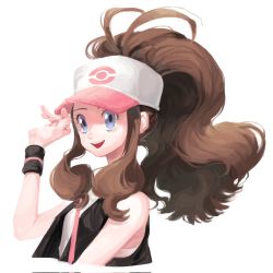 Rule 34 | 1girl, black jacket, blue eyes, bracelet, brown hair, creatures (company), erongerong, game freak, hand on own head, hat, highres, hilda (pokemon), jacket, jewelry, long hair, looking at viewer, nintendo, open mouth, pokemon, pokemon bw, ponytail, shirt, simple background, smile, solo, upper body, white background, white shirt