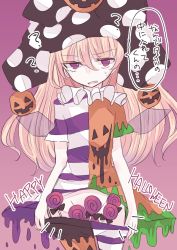 Rule 34 | 1girl, blonde hair, candy, clothes pull, clownpiece, fairy wings, food, gradient background, halloween, halloween costume, happy halloween, hat, jack-o&#039;-lantern, jester cap, lollipop, looking at viewer, nagi (nagito), no panties, open mouth, pantyhose, pantyhose pull, purple eyes, shirt, short sleeves, solo, speech bubble, striped, text focus, touhou, translation request, wings