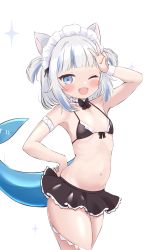Rule 34 | 1girl, absurdres, animal ear fluff, blue eyes, blue hair, blunt bangs, blush, cocozasa, fins, fish tail, frills, gawr gura, highres, hololive, hololive english, looking at viewer, multicolored hair, navel, open mouth, shark tail, sharp teeth, smile, solo, streaked hair, tail, teeth, virtual youtuber, white hair